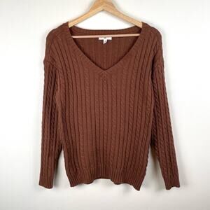 BP Nordstrom Sweater Womens XS Brown Cable Knit Pullover V-Neck Preppy Academia
